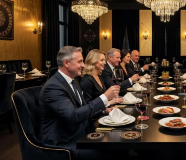 Elegáns vállalati vacsora hosszú asztalokkal és gyertyafényes terítéssel a Borudvar étteremben