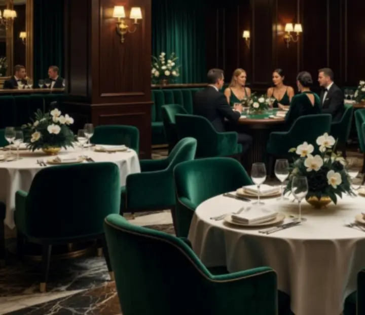 Elegáns, félhomályos lounge tér exkluzív rendezvényhez megterített asztalokkal a Borudvarban