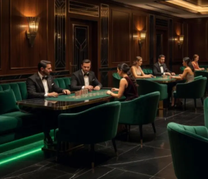 Art deco hangulatú gaming lounge bársony ülőhelyekkel és kaszinóasztalokkal