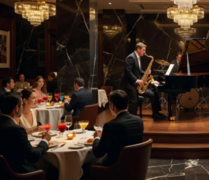 Élő jazz-zenekar és elegáns vendégek egy hangulatos esti rendezvényen