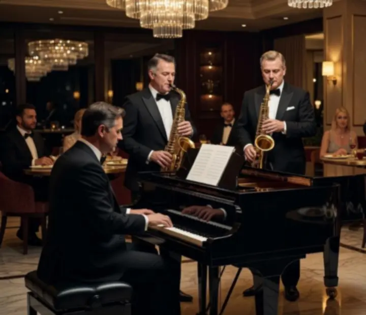 Élő jazz zenekar elegáns koncertteremben, kaszinó-hangulatú esten