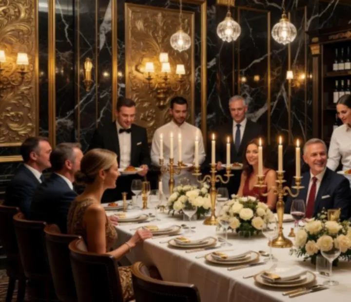 Privát ünnepi vacsora elegáns vendégekkel és gyertyafényes asztalokkal